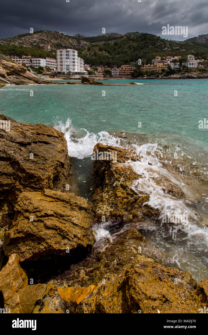 Rocky shoreline on the Mediterranean coast of Mallorca at Sant Elm Stock Photo
