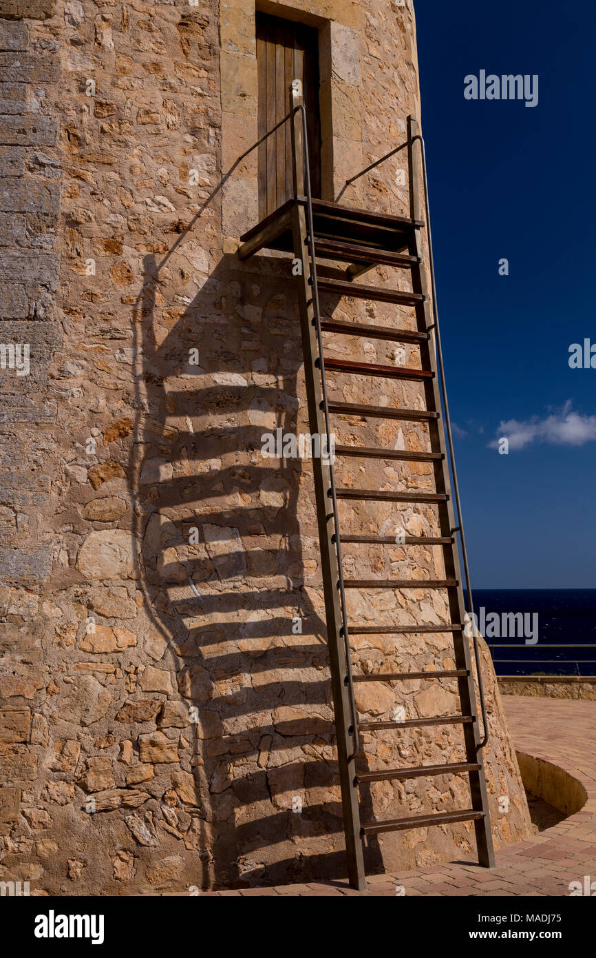 Watch tower on the Mediterranean coast of Mallorca at Santanyi on a sunny summer's day Stock Photo