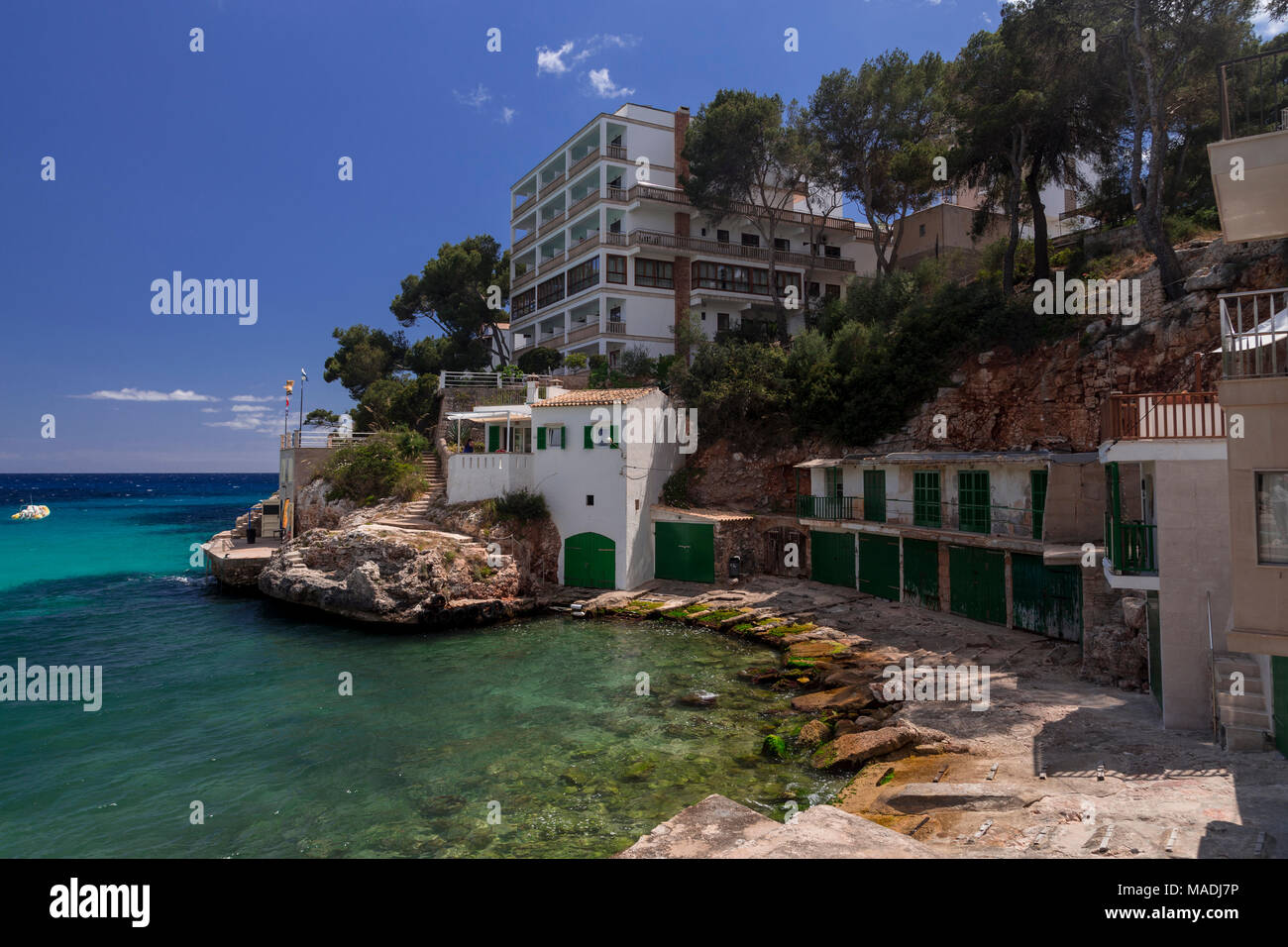 Buildings on the Mediterranean shore at Santanyi, Mallorca Stock Photo