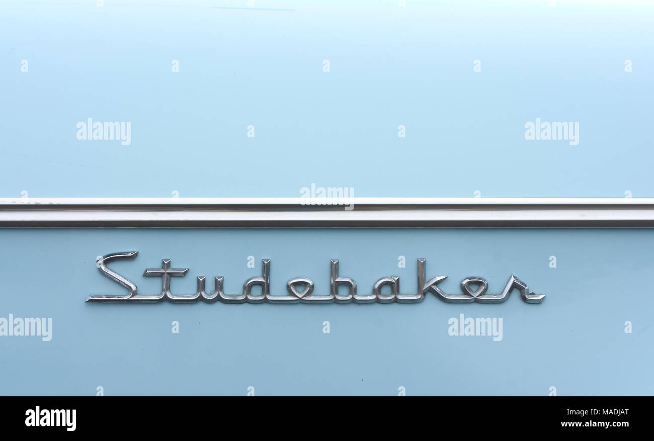 Close up image of 1959 Studebaker  Silver Hawk coupe badges or decals Stock Photo