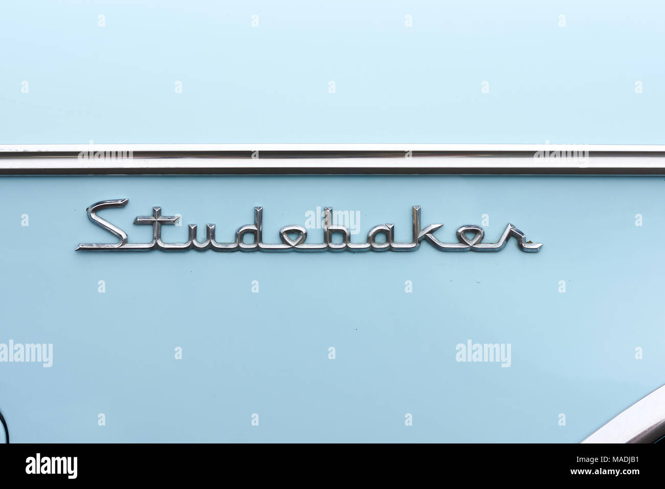Close up image of 1959 Studebaker  Silver Hawk coupe badges or decals Stock Photo