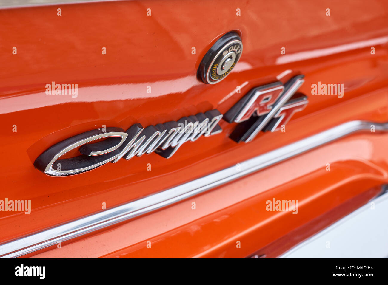 detail image of an orange dodge charger r/t Stock Photo