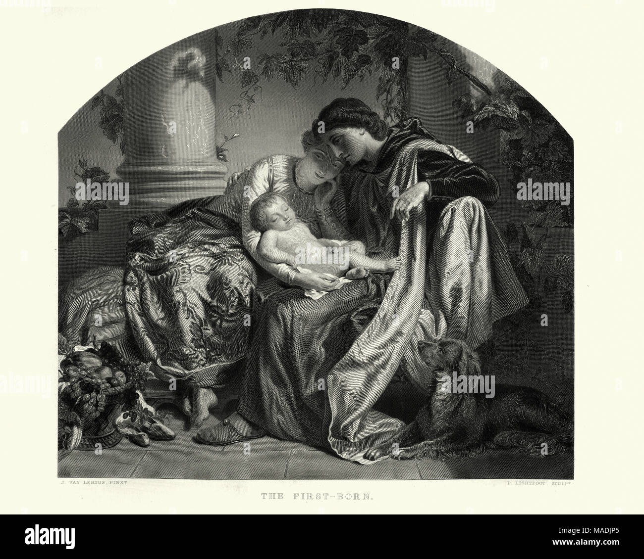 Vintage engraving of A Victorian mother and first born child, 1855. after Jozef Van Lerius Stock Photo
