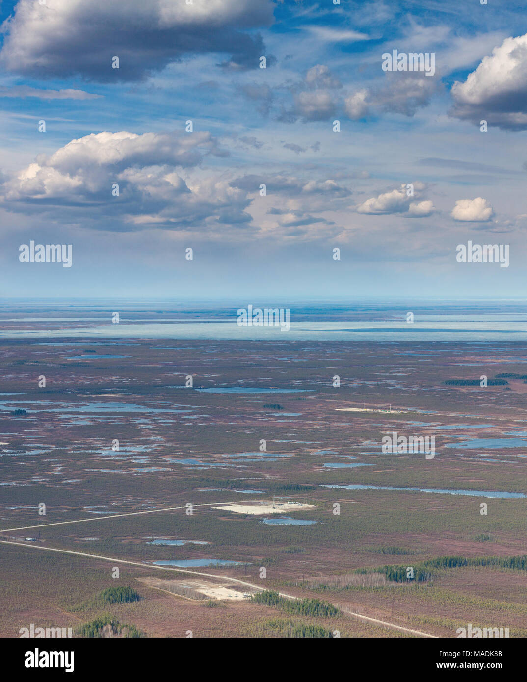 Oil field on swamp, top view Stock Photo