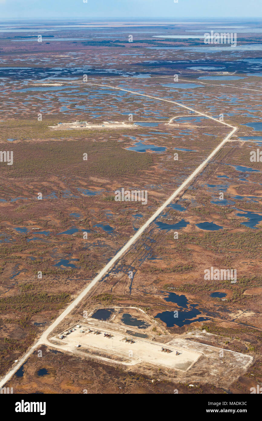 Oil field on swamp, top view Stock Photo