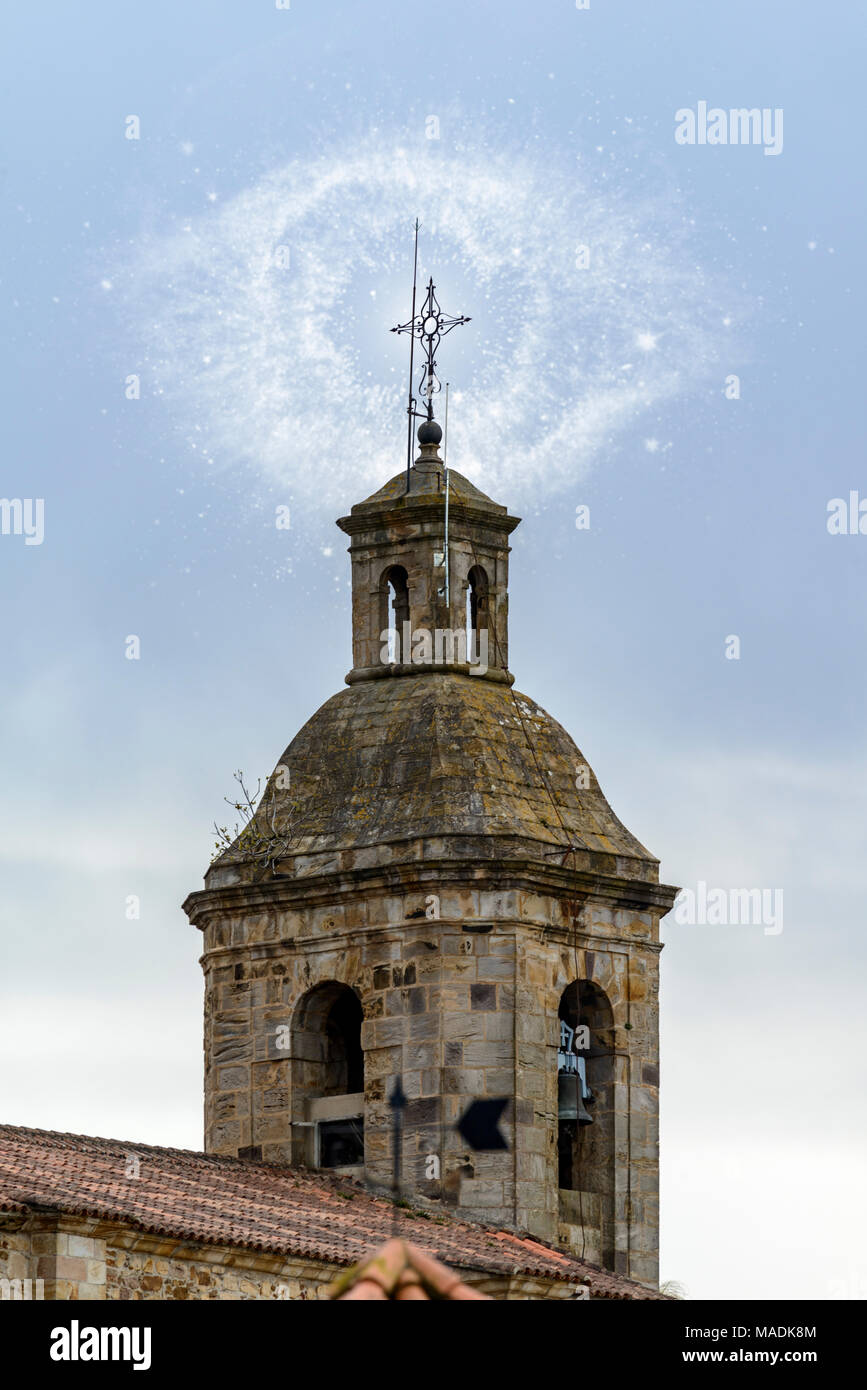 Illustration The Helix Nebula, also called The eye of God in the cross of tower of the church of Colindres, Cantabria, Spain Stock Photo