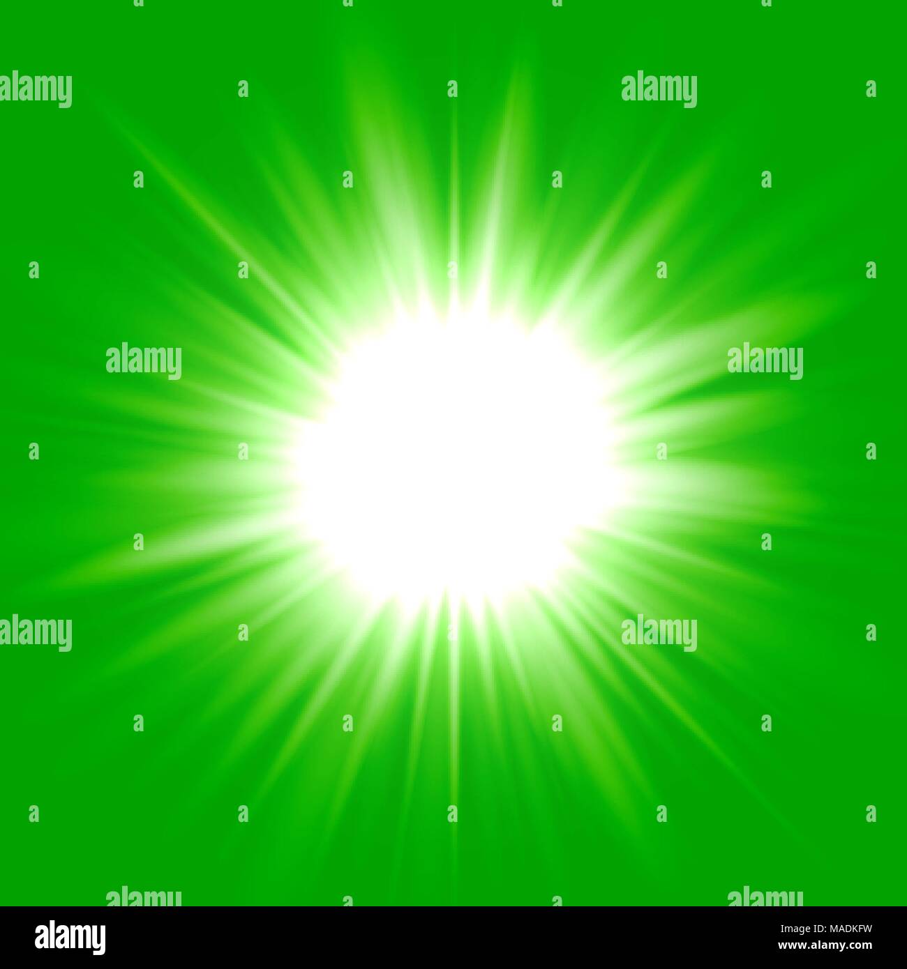 Green flash star background, white light rays vector illustration Stock Vector