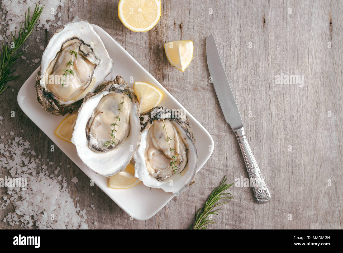 Opened oysters, lemon on gray stone table. Half dozen. With copy space Stock Photo