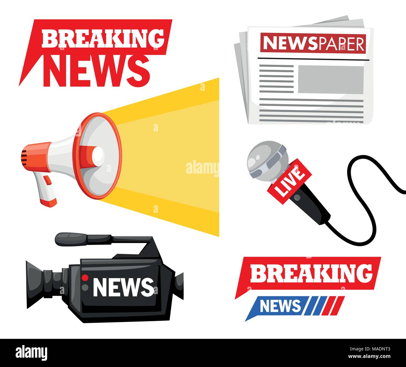 Journalist tools collection with logo. Breaking news concept. Microphone, camera, megaphone, newspaper. Vector illustration isolated on white backgrou Stock Vector