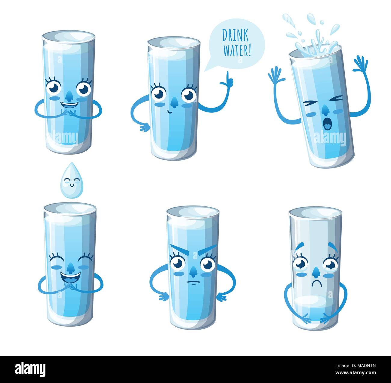Set Of Glass With Water Cartoon Style Character Design Mascot With Different Emotions Drink More Water Vector Illustration Isolated On White Backg Stock Vector Image Art Alamy