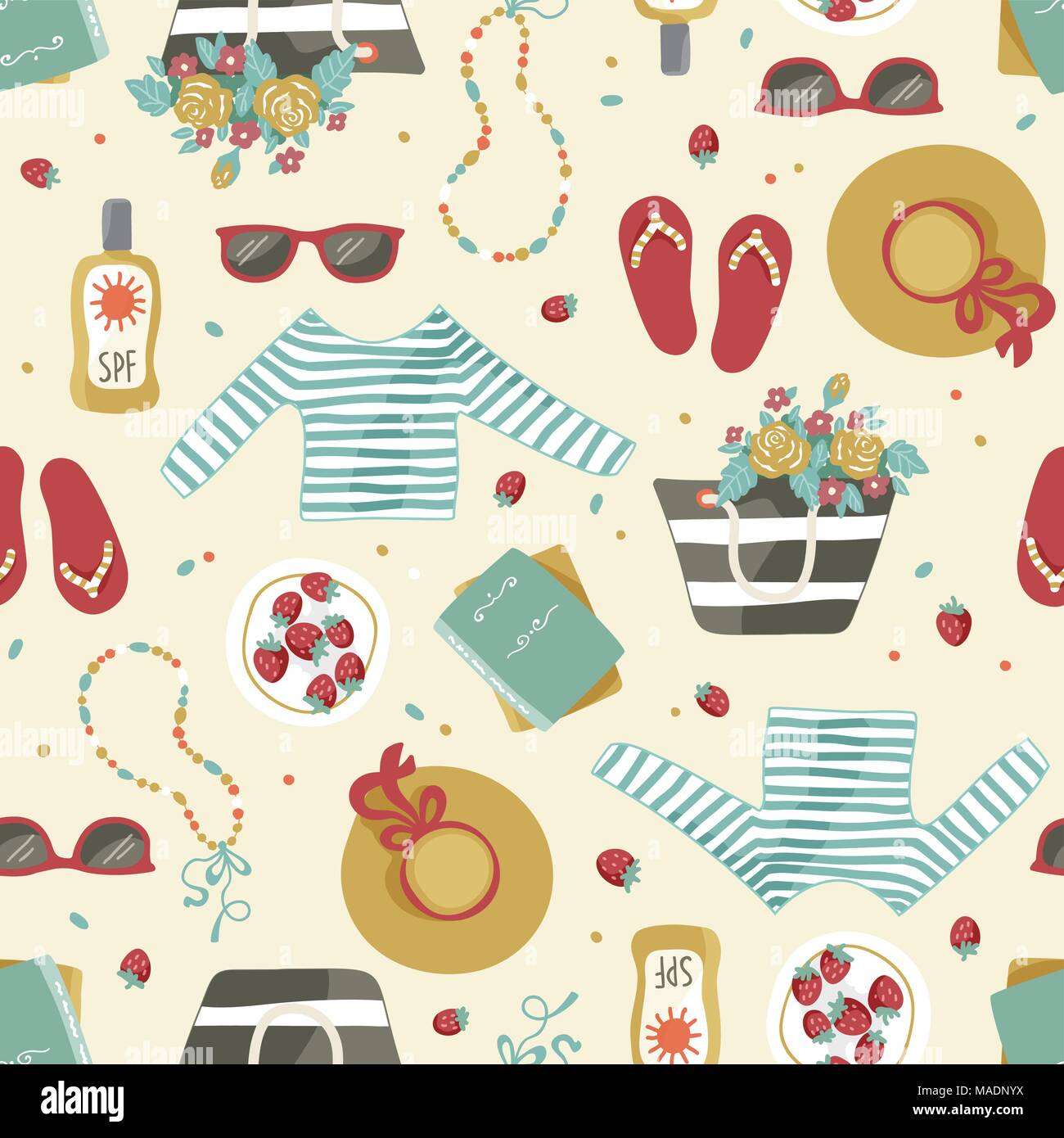 Vector seamless repeatable hand drawn pattern of summer season with clothes and accessories such as hat, beach bag, step-ins, sunglasses. Stock Vector