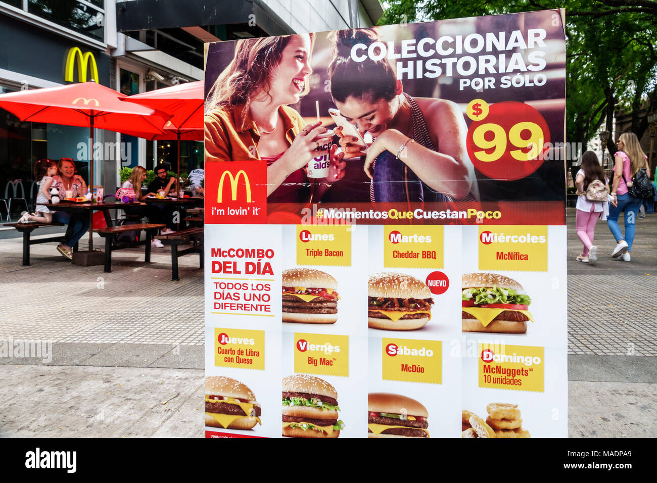 Buenos Aires Argentina,Recoleta mall,food court plaza,outdoor,McDonald's,American hamburger restaurant,fast food,menu,Spanish language,Hispanic,ARG171 Stock Photo