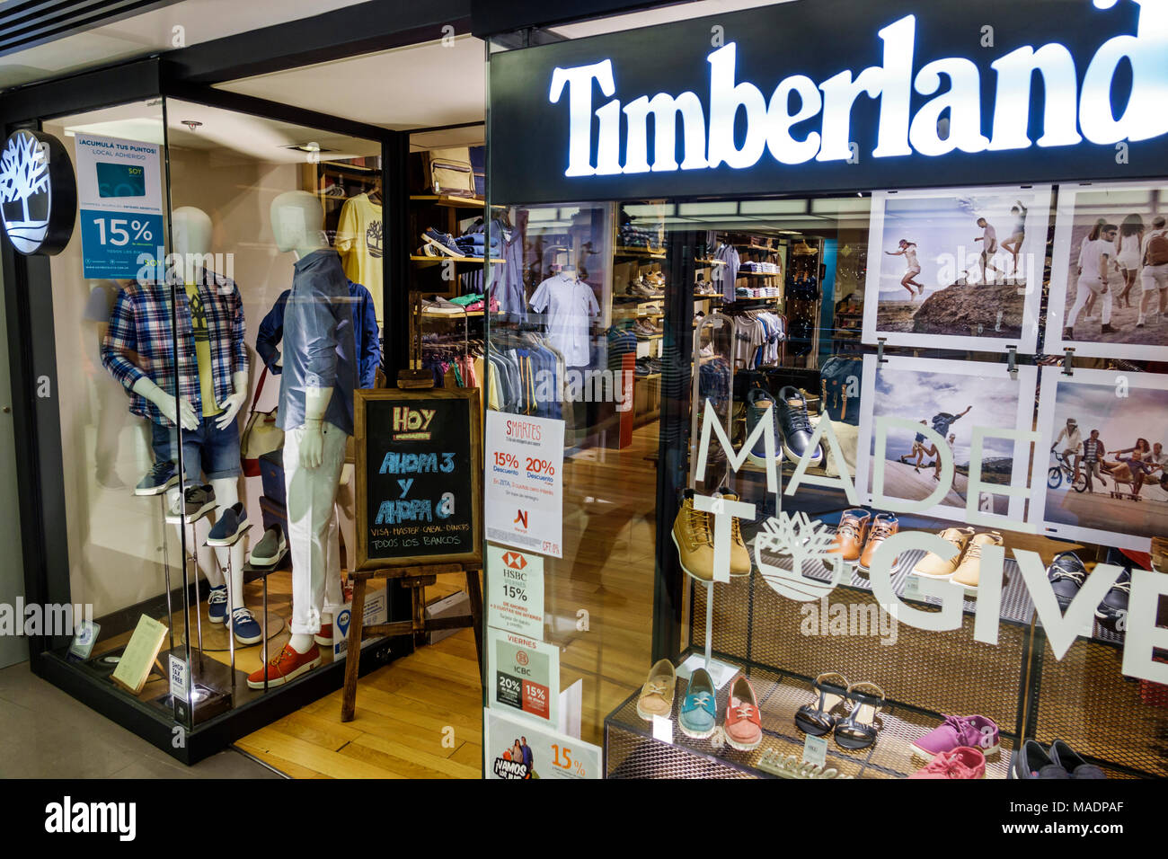 Buenos Aires Argentina,Recoleta mall,Timberland,store,American,window display,clothing,shoes,mannequin,Hispanic,ARG171130271 Stock Photo