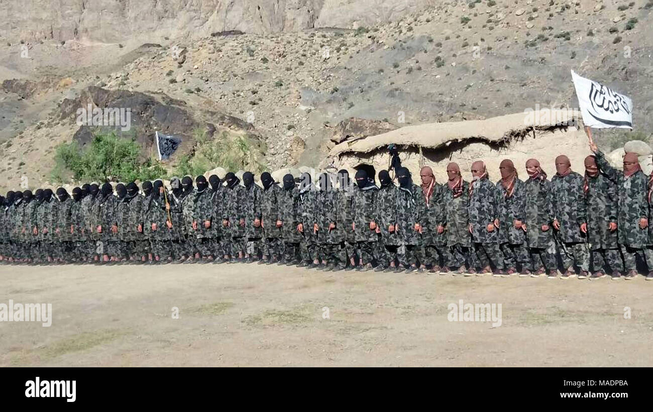 Taliban propaganda photo showing new graduates from a terrorist training camp March 31, 2018 in Farah Province, Afghanistan. The Taliban have waged fierce battles with Afghan forces over the past weeks in the sparsely occupied province along the Iranian border. Stock Photo