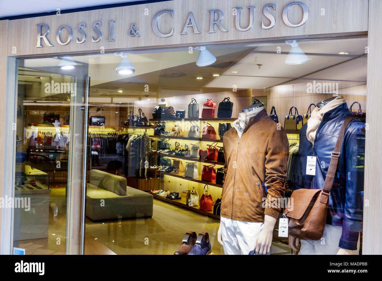 Buenos Aires Argentina,Recoleta mall,Rossi & Caruso,designer boutique,leather goods,handbag purse pocketbooks,jackets,window,visitors travel traveling Stock Photo