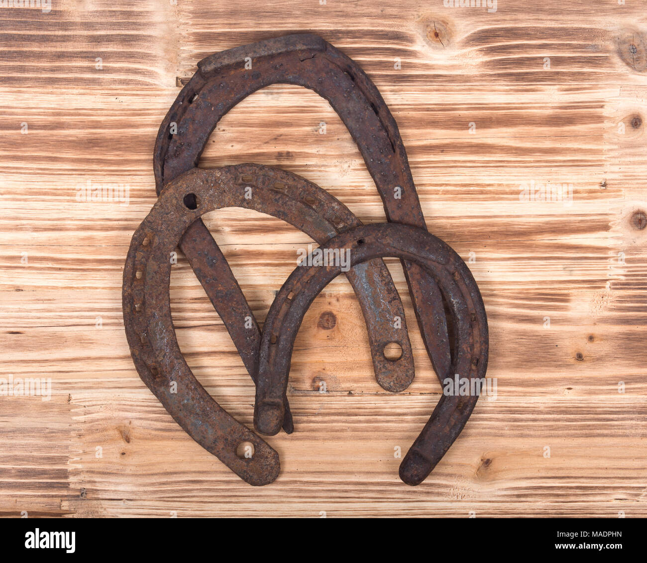 Old Rusty Vintage Good Luck Horseshoe On Wooden Tray Like