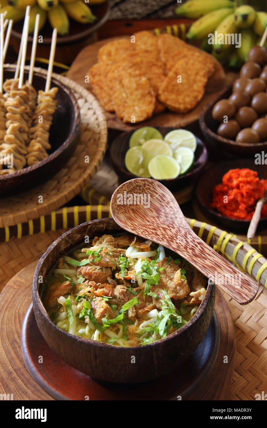 Soto Batok, the Javanese Beef Soup Served in Coconut Shell Bowl Stock Photo