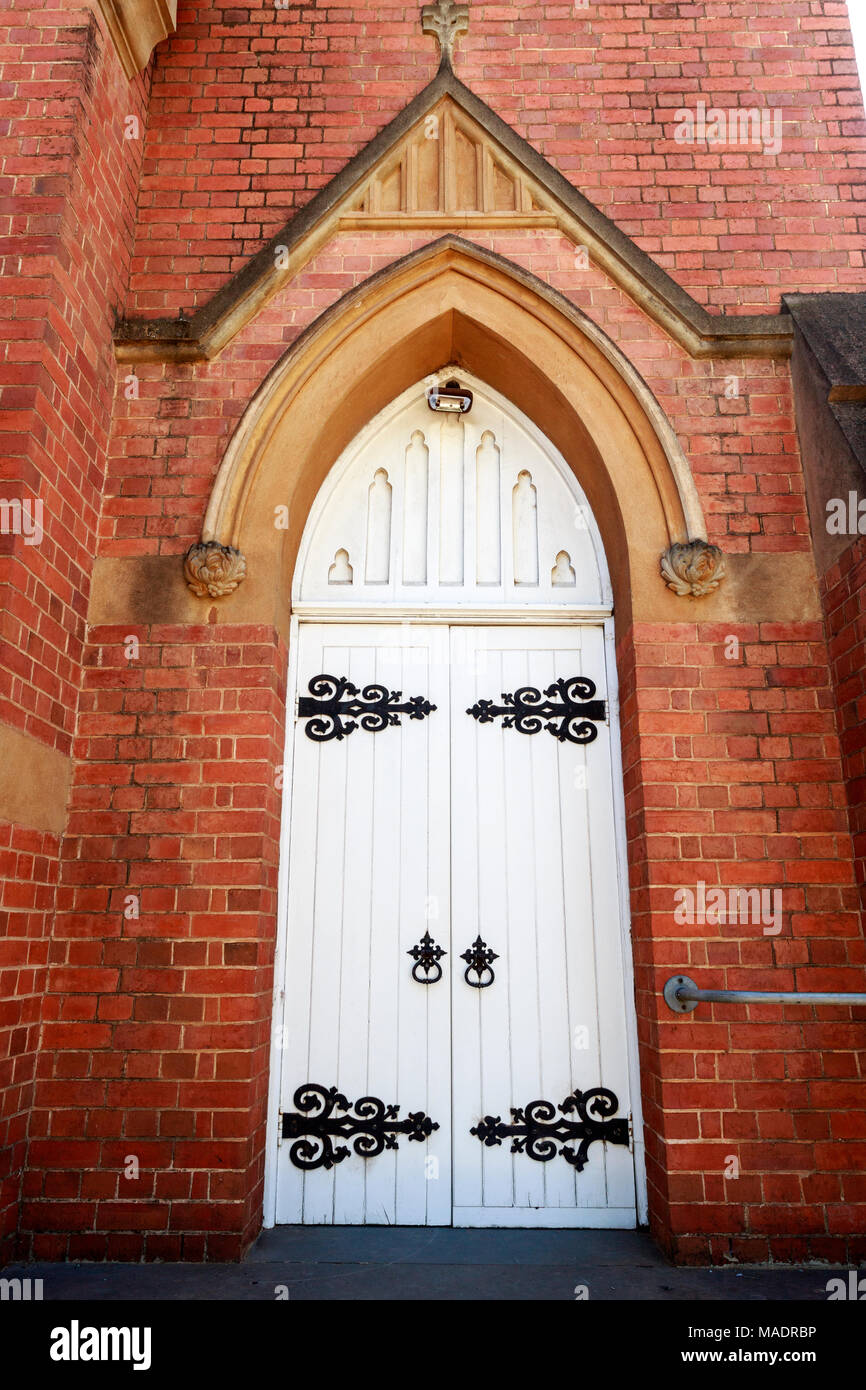 Main door of the St John Uniting Church in Narrandera, New South Wales, Australia Stock Photo