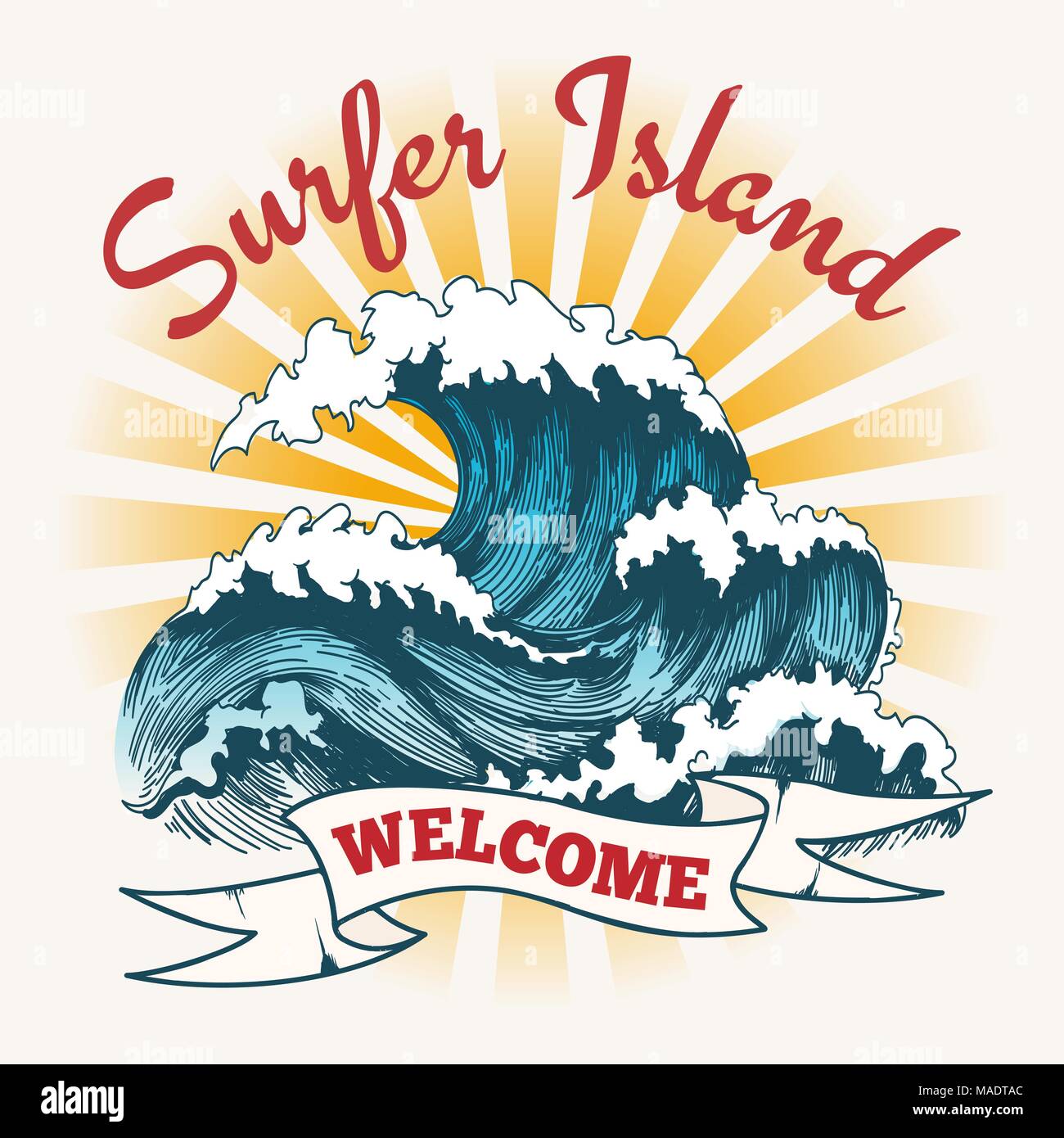 Surf wave poster. Surfer island vintage logo, painting ocean seascape with  big waves vector illustration Stock Vector Image \u0026 Art - Alamy, image size:1300x1390