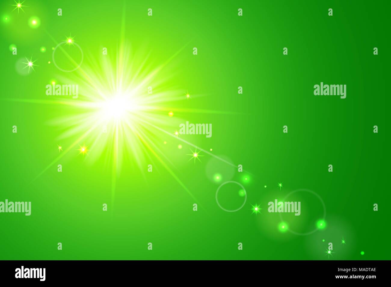 Vector illustration of green sunny background with sun and lens flare Stock Vector