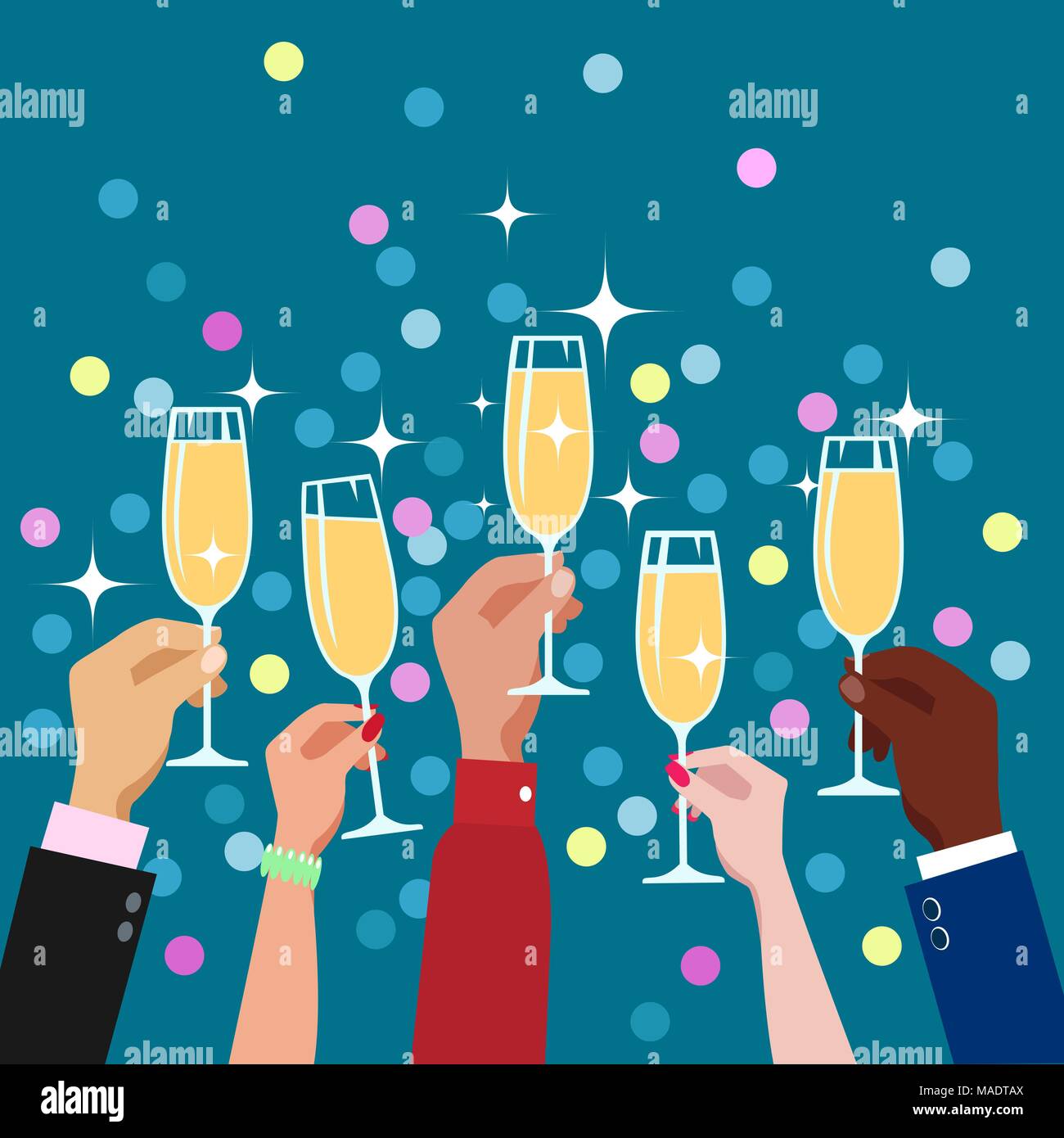 Toasting event. Toasting congratulations hands with champagne glasses fun  decorative celebration party background vector illustration Stock Vector  Image & Art - Alamy