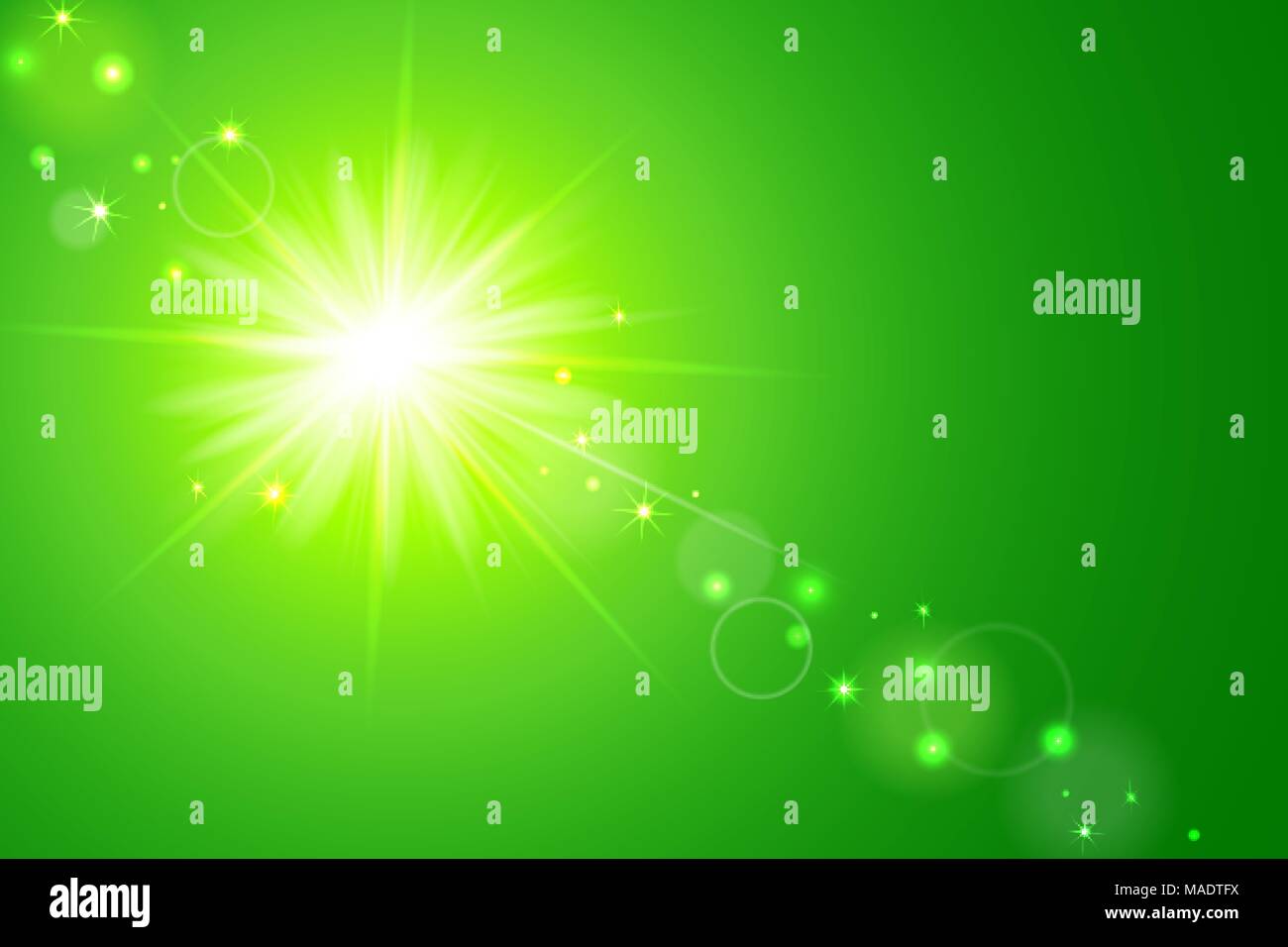 Vector illustration of green sunny background with sun and lens flare ...