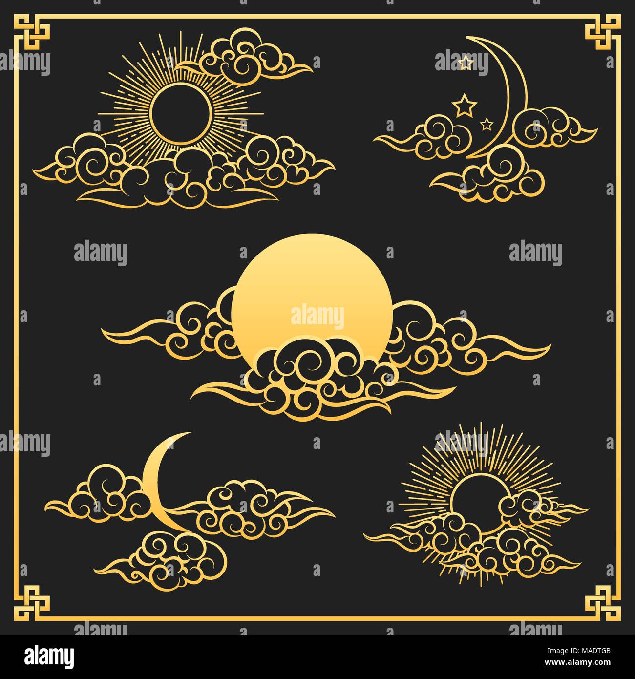 Oriental clouds, sun and moon. Gold sun and moon with clouds in old