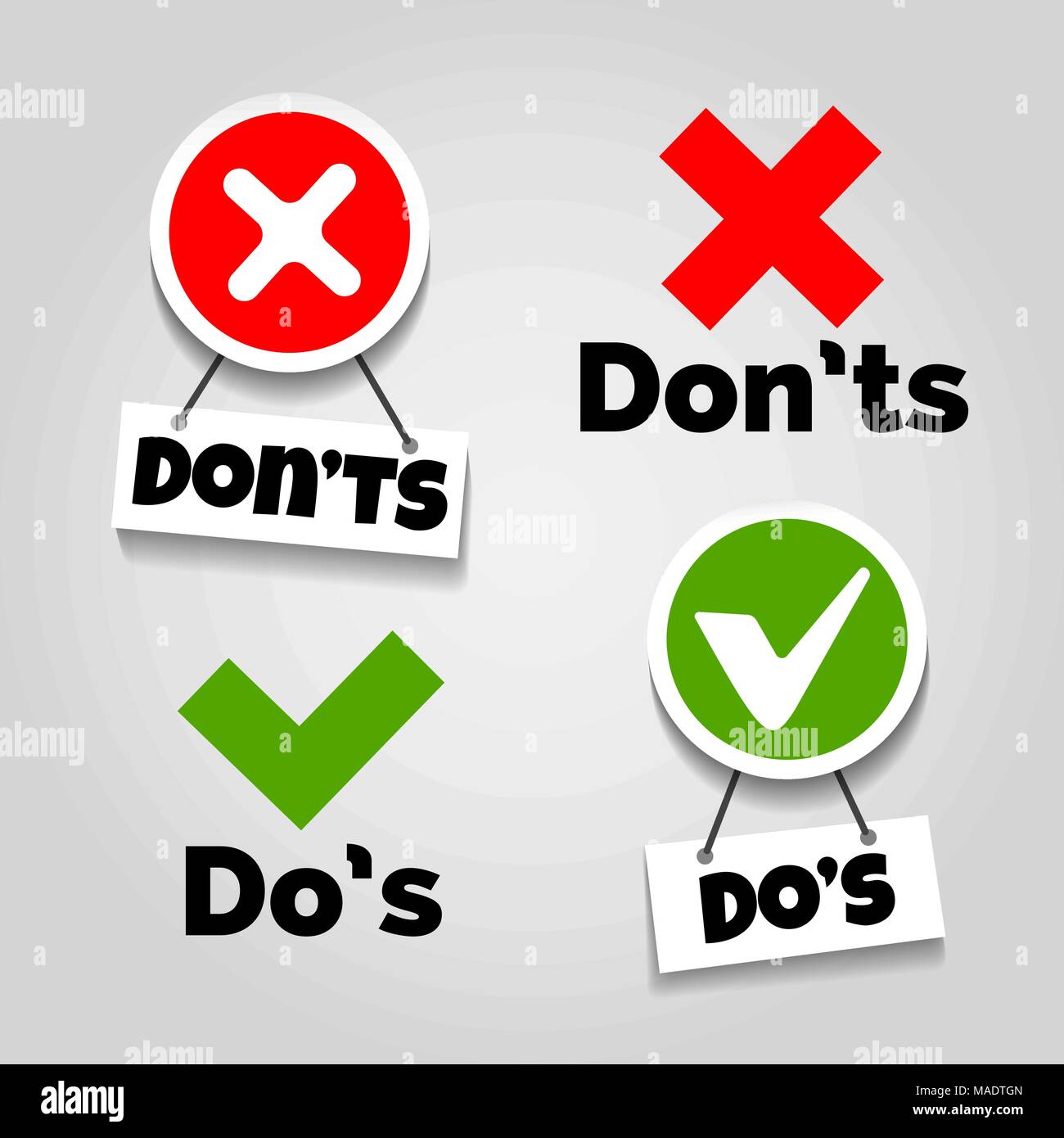 Do and dont icons. Doing recommendation and mistake color signs with text box for guidelines, tests and consumer rights vector illustration Stock Vector