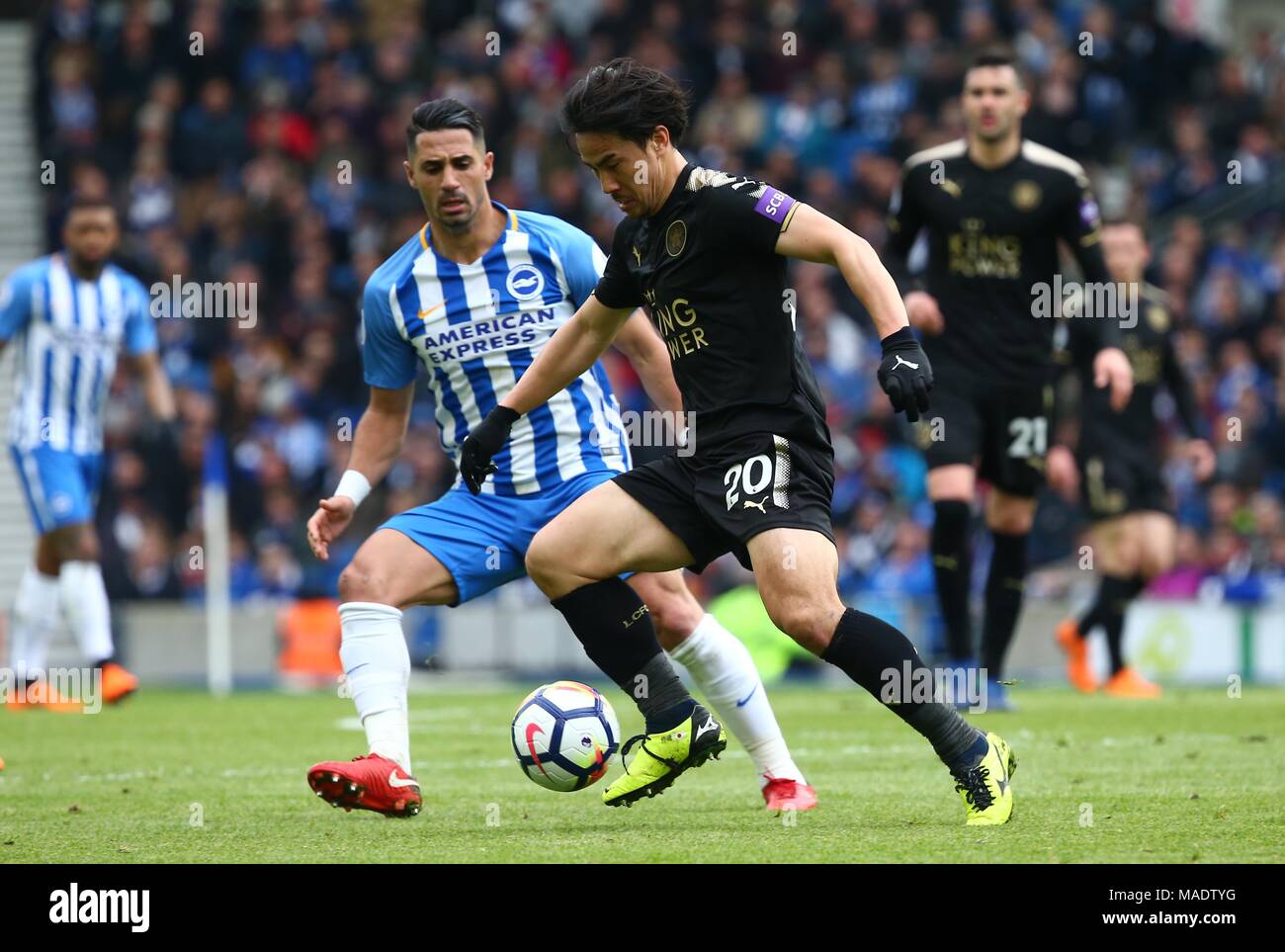 Shinji Okazaki of Leicester during the Premier League match between Brighton and Hove Albion and Leicester City at the American Express Community Stadium in Brighton and Hove. 31 Mar 2018. *** Editorial use only. No merchandising. For Football images FA and Premier League restrictions apply inc. no internet/mobile usage without FAPL license - for details contact Football Dataco *** Stock Photo