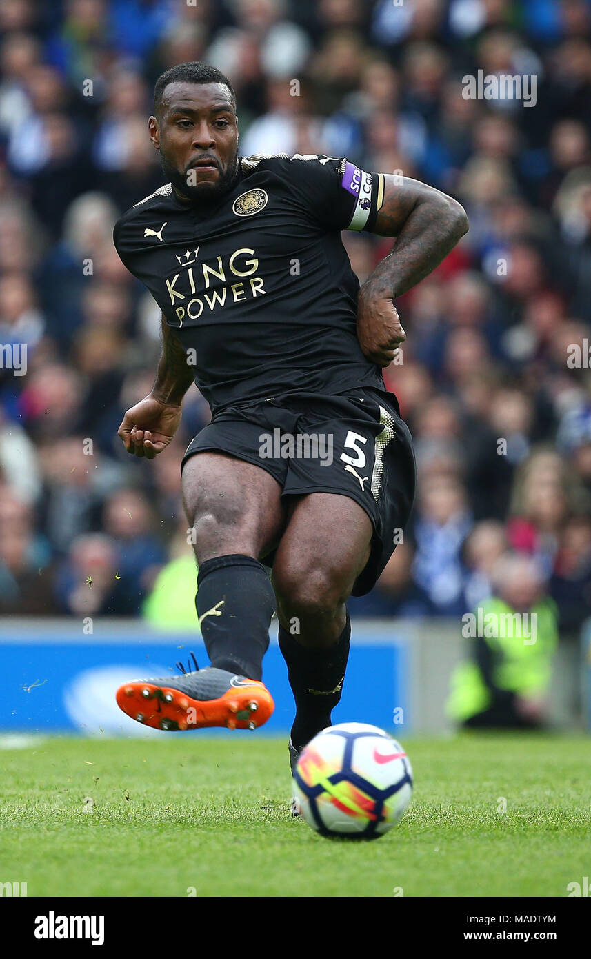 Wes Morgan of Leicester during the Premier League match between Brighton and Hove Albion and Leicester City at the American Express Community Stadium in Brighton and Hove. 31 Mar 2018 *** Editorial use only. No merchandising. For Football images FA and Premier League restrictions apply inc. no internet/mobile usage without FAPL license - for details contact Football Dataco *** Stock Photo