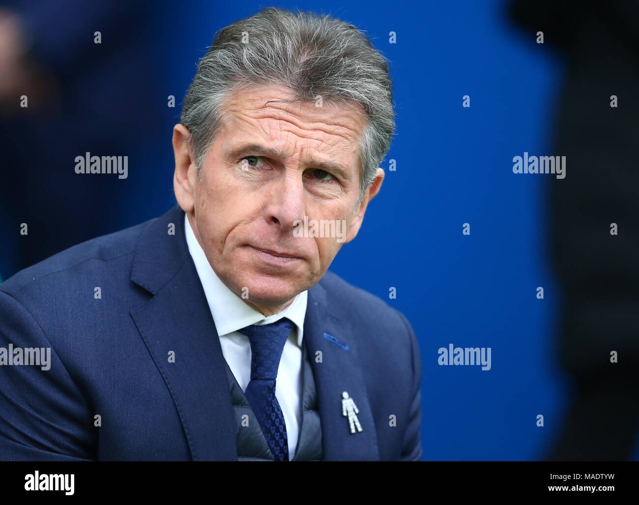Leicester manager Claude Puel during the Premier League match between Brighton and Hove Albion and Leicester City at the American Express Community Stadium in Brighton and Hove. 31 Mar 2018 *** Editorial use only. No merchandising. For Football images FA and Premier League restrictions apply inc. no internet/mobile usage without FAPL license - for details contact Football Dataco *** Stock Photo