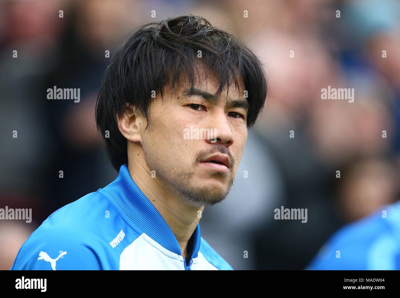 Japanese forward Shinji Okazaki of Leicester during the Premier League match between Brighton and Hove Albion and Leicester City at the American Express Community Stadium in Brighton and Hove. 31 Mar 2018 *** Editorial use only. No merchandising. For Football images FA and Premier League restrictions apply inc. no internet/mobile usage without FAPL license - for details contact Football Dataco *** Stock Photo
