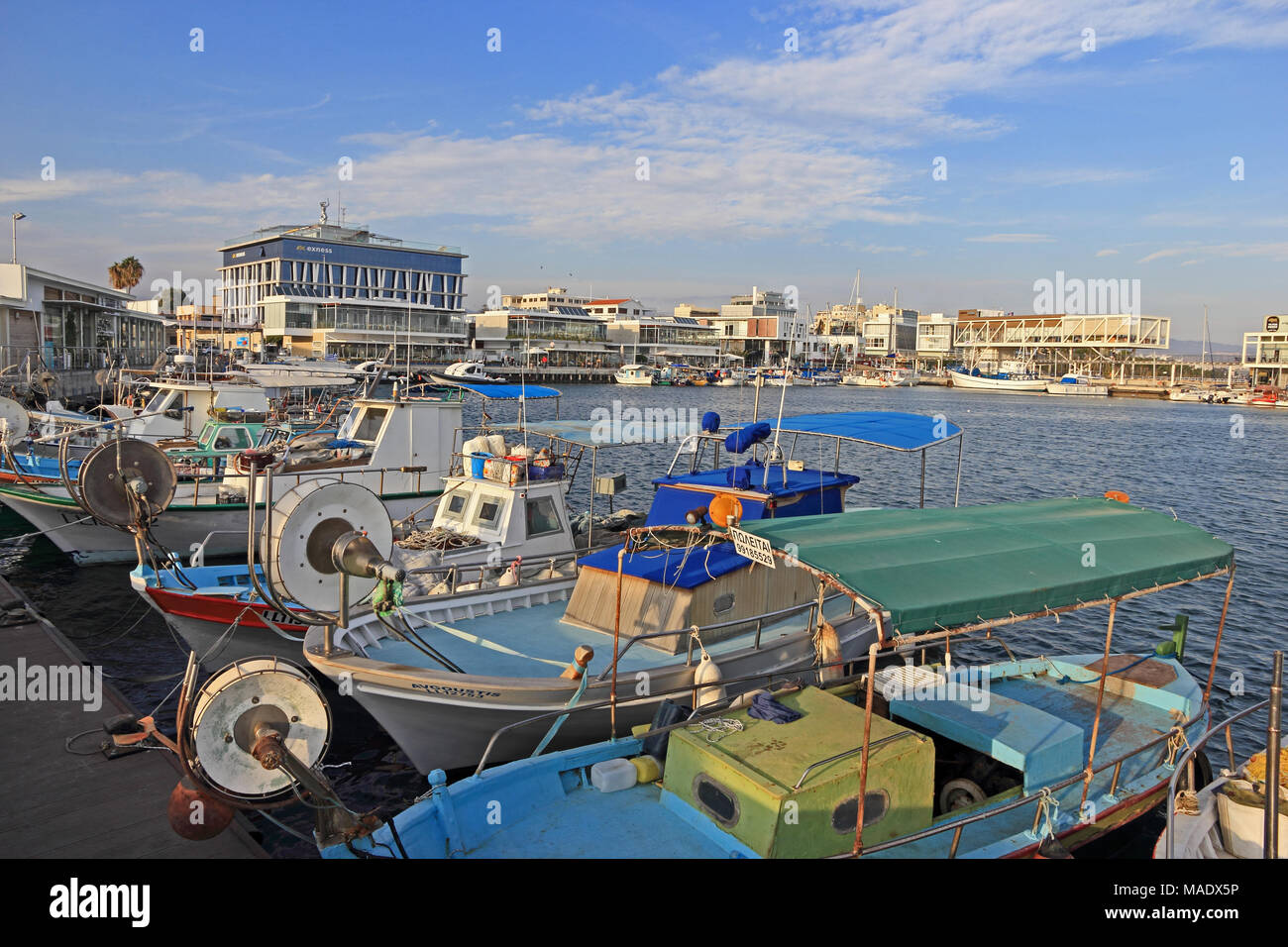 Traditional fishing boats moored in harbour, Limassol, Cyprus Stock Photo