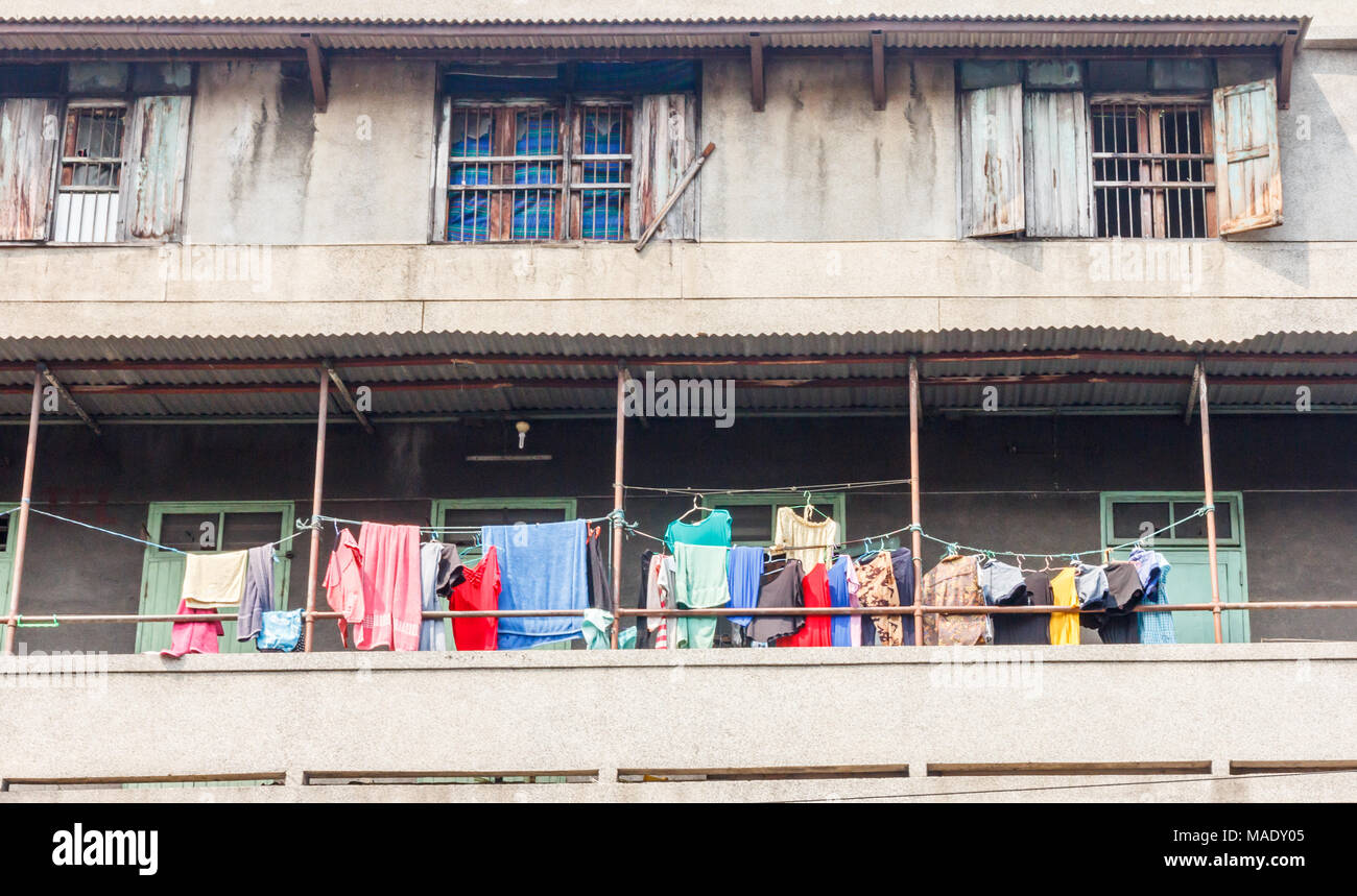 Washing hanging on balcony, Chinatoen, Bangkok, Thailand Stock Photo