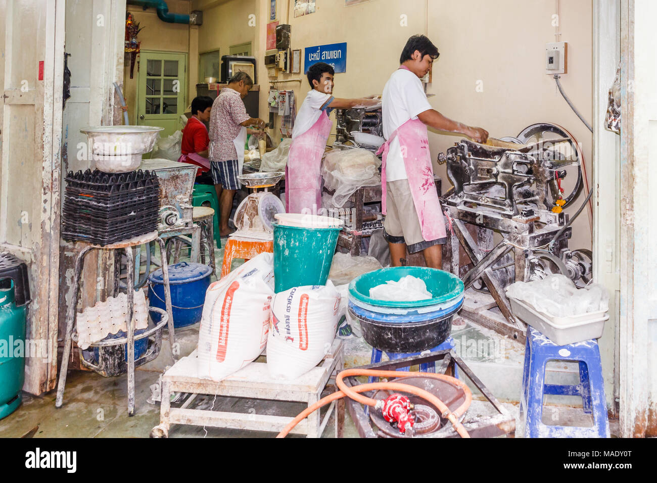 Back street noodle factory, Chinatown, Bangkok, Thailand Stock Photo