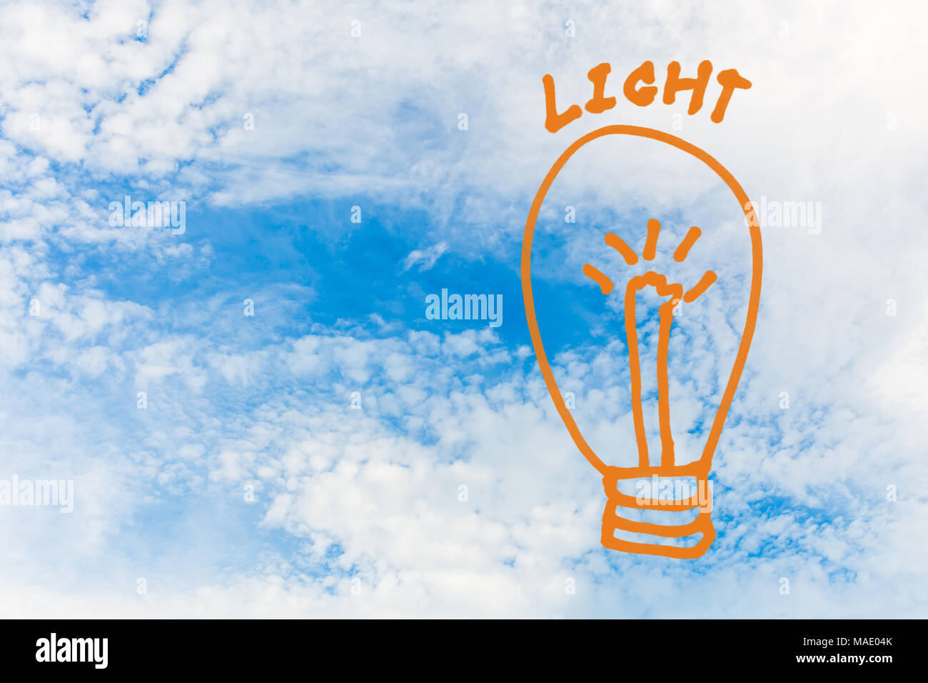 Drawing picture of light bulb over cloudy sky Stock Photo Alamy