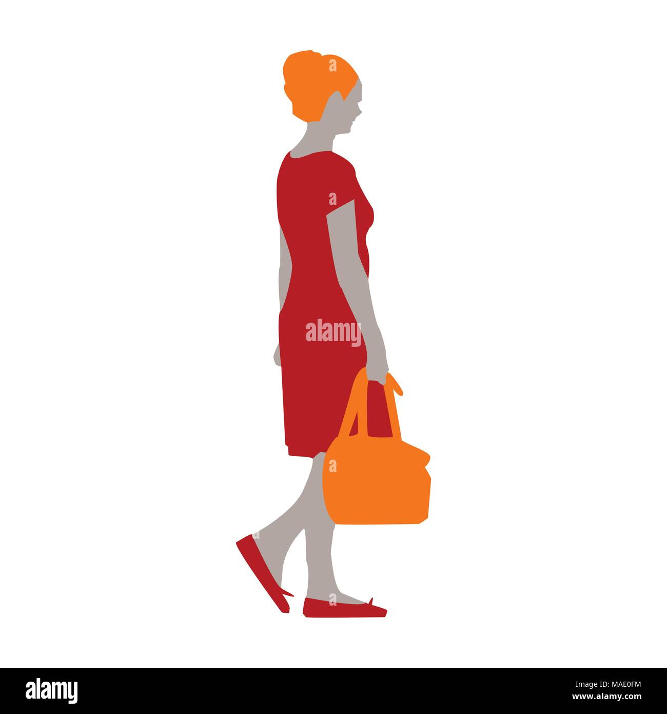 Vector illustration of a girl in a red dress and orange shoes with a ...
