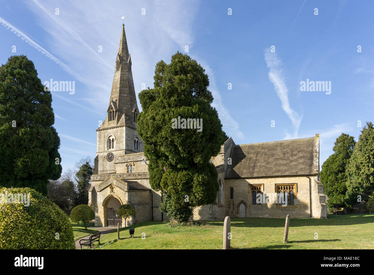 The church of St Mary in the village of Bozeat, Northamptonshire, UK; of Norman origin, built in 1130 with considerable re-building in 1880. Stock Photo