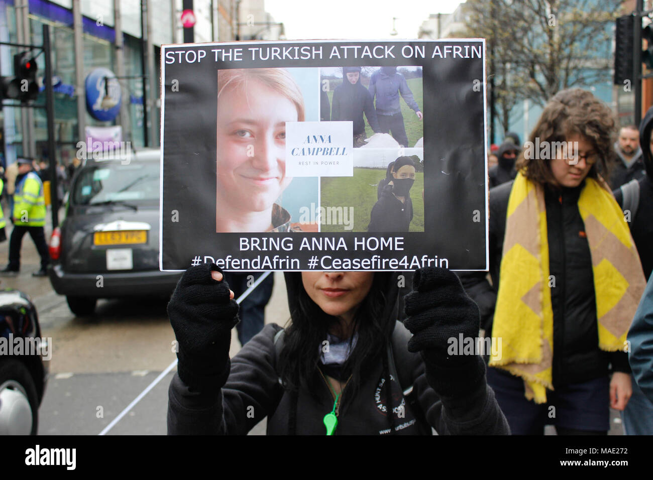 London, UK, 31 Mar 2018. Proteser calls to end the Turksih attack on Afrin and bring Anna Campbell's remains home Credit: Alex Cavendish/Alamy Live News Stock Photo
