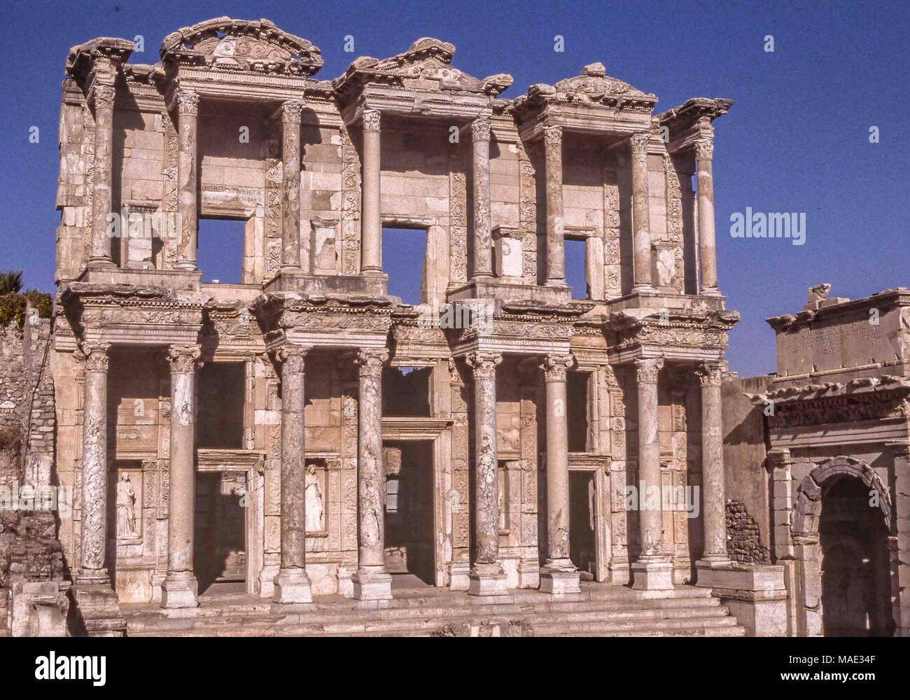 The Library of Celsus, a tomb for the Roman governor of the province of Asia, built in 117 A.D. is one of the most beautiful and most photographed structures in Ephesus. An ancient Greek city on the Ionian coast, dating to the 10th century BC, Ephesus was a religious, cultural and commercial center noted for its temples and architecture. Its ruins are now a favorite international tourist attraction and a UNESCO World Heritage Site. 5th Nov, 2004. Credit: Arnold Drapkin/ZUMA Wire/Alamy Live News Stock Photo