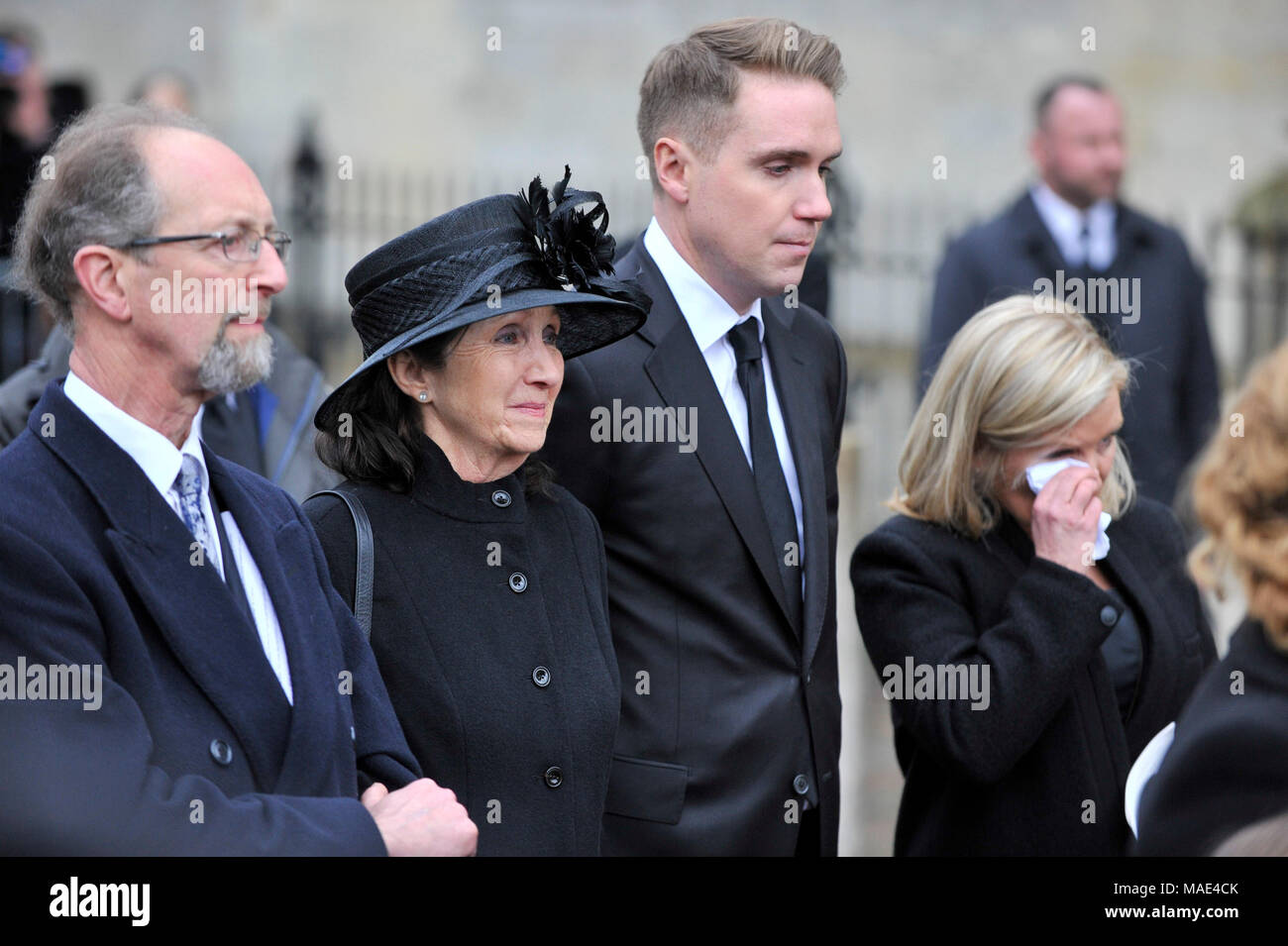 Cambridge, Britain. 31st Mar, 2018. British physicist Stephen Hawking's  first wife Jane (2nd L), son Timothy (3rd L) and daughter Lucy (4th L)  attend the private funeral of Stephen Hawking at the