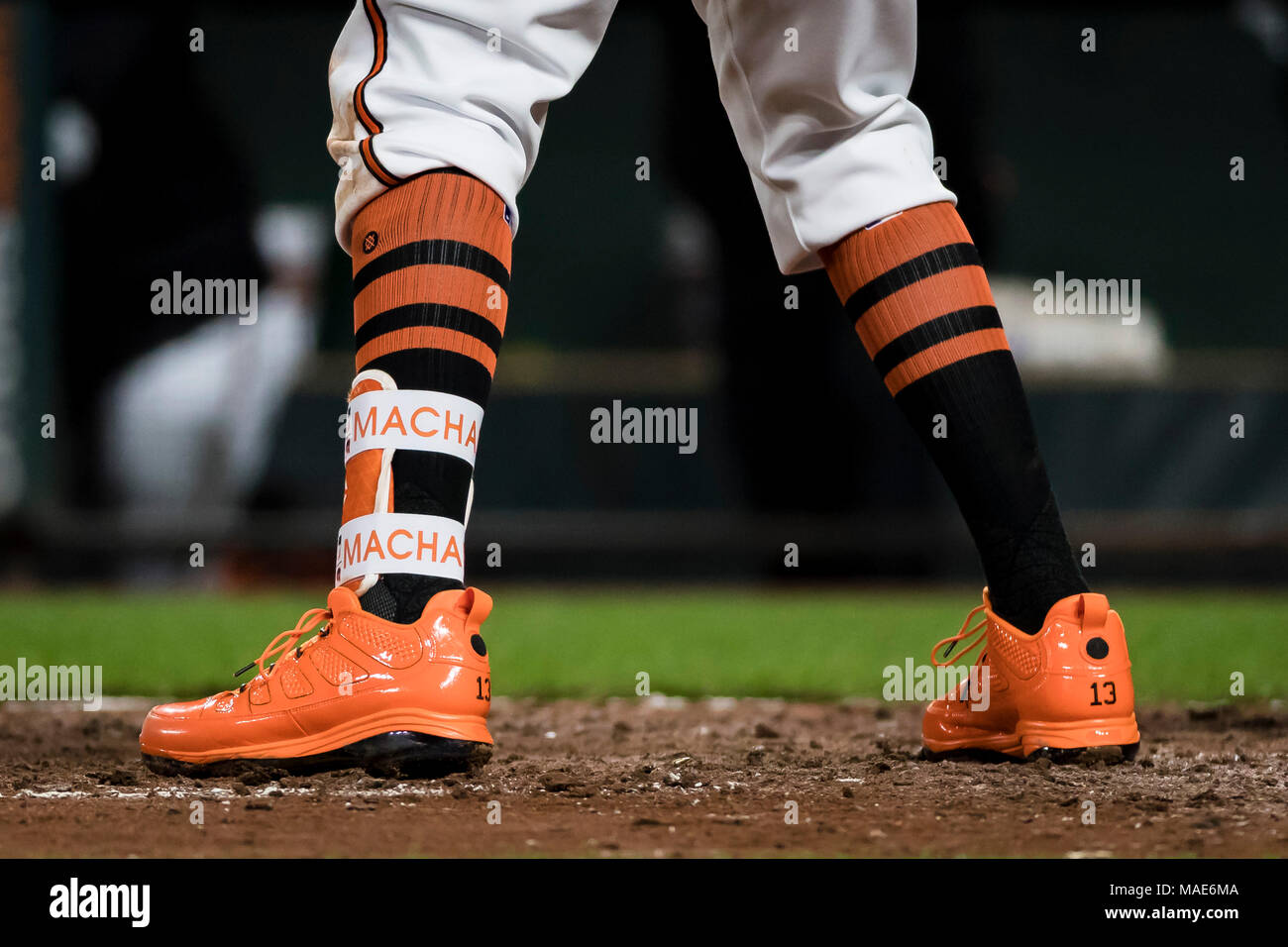 Baltimore, Maryland, USA. 31st Mar, 2018. A view of Baltimore Orioles  shortstop Manny Machado (13) shoes while at bat during MLB game between  Minnesota Twins and Baltimore Orioles at Oriole Park at