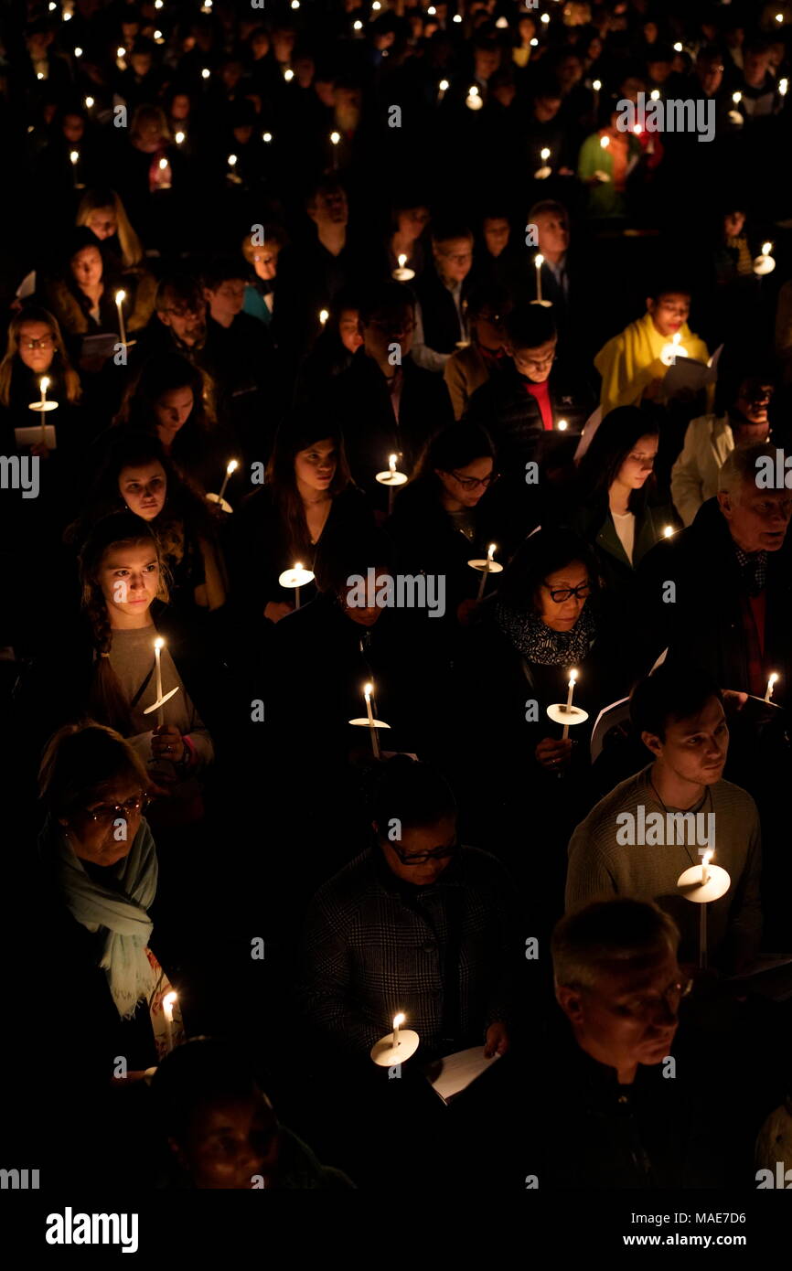 LONDON - MARCH 31: The Easter Vigil service at Westminster Cathedral. The service is led by Cardinal Vincent Nichols, in Westminster Cathedral, London, England, on 31st March, 2018. Photo by David Levenson/Alamy Live News Stock Photo