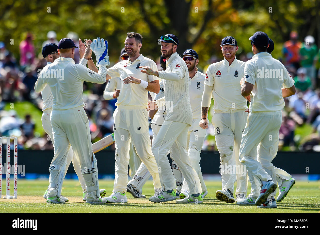 Hagley Oval, New Zealand. 31st Mar, 2018. International Test Cricket, day 2; New Zealand versus England; James Anderson and English team mates celebrates the wicket of Kane Williamson of the Black Caps during Day 2 Credit: Action Plus Sports/Alamy Live News Stock Photo