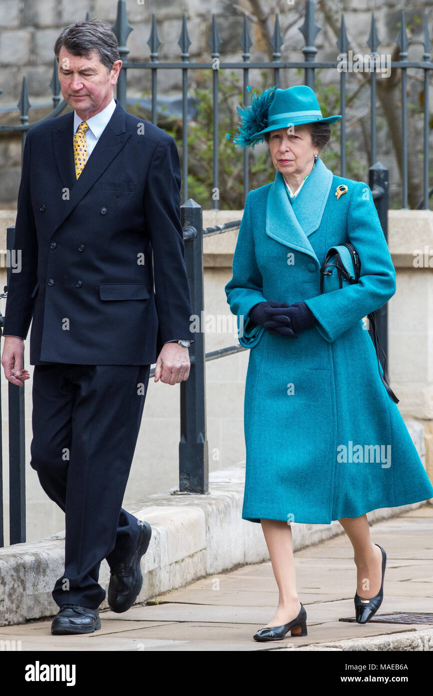 Windsor, UK. 1st April, 2018. Princess Anne, Princess Royal, arrives to attend the Easter Sunday service at St George's Chapel in Windsor Castle with her husband Vice Admiral Sir Timothy Laurence. Credit: Mark Kerrison/Alamy Live News Stock Photo