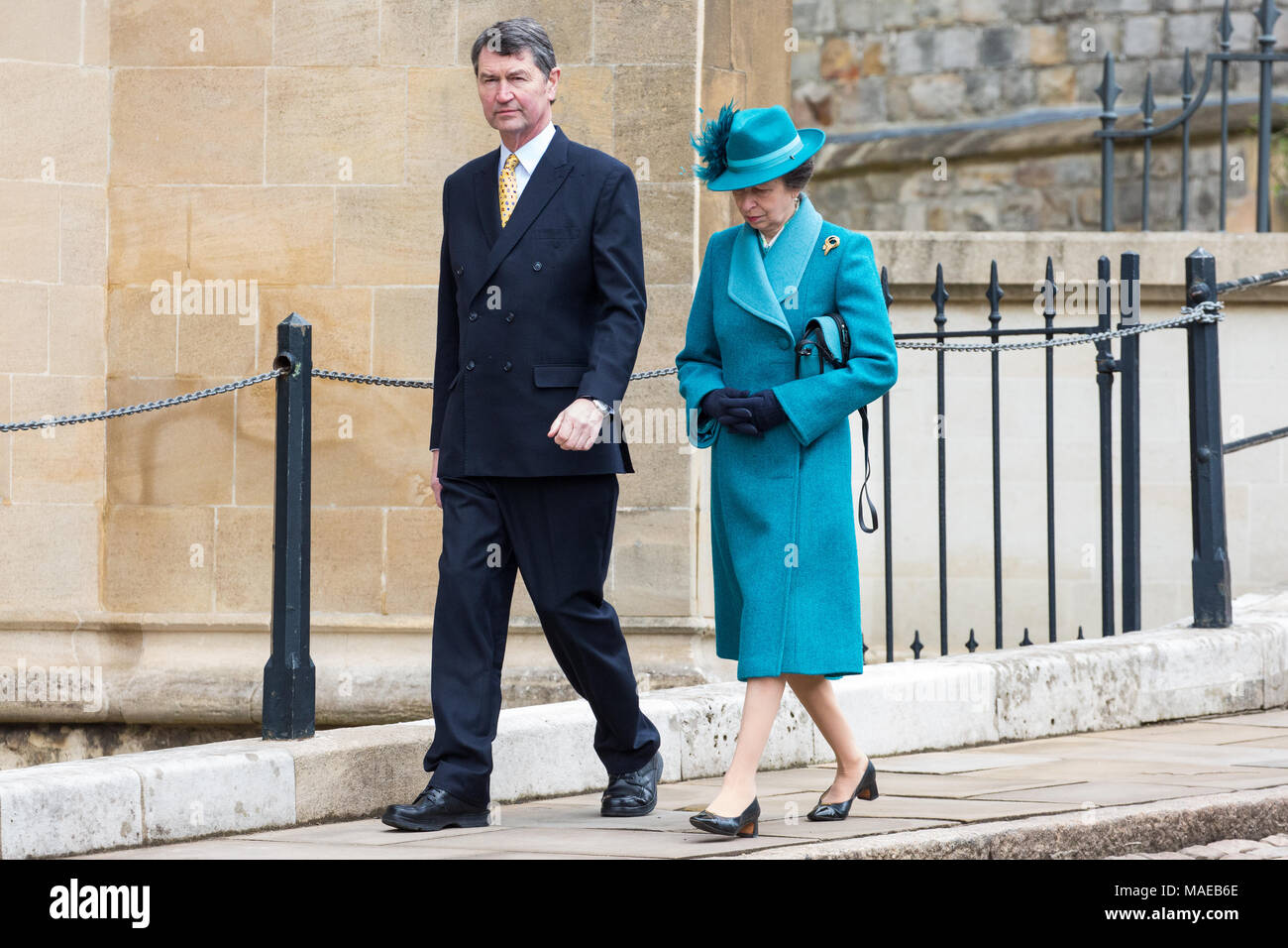 Windsor, UK. 1st April, 2018. Princess Anne, Princess Royal, arrives to attend the Easter Sunday service at St George's Chapel in Windsor Castle with her husband Vice Admiral Sir Timothy Laurence. Credit: Mark Kerrison/Alamy Live News Stock Photo