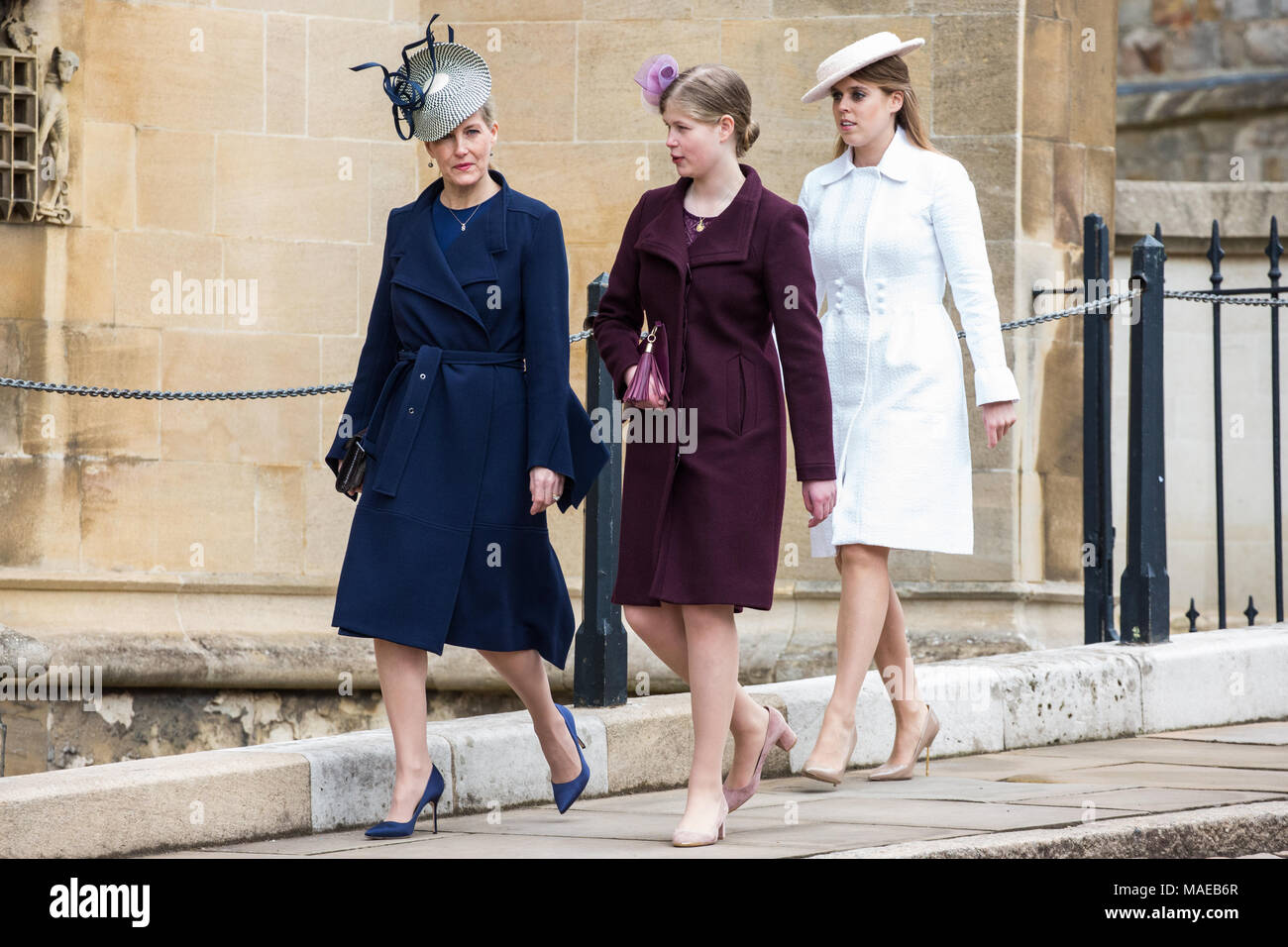 Windsor, UK. 1st April, 2018. The Countess of Wessex, Lady Louise Windsor and Princess Beatrice arrive to attend the Easter Sunday service at St George's Chapel in Windsor Castle. Credit: Mark Kerrison/Alamy Live News Stock Photo