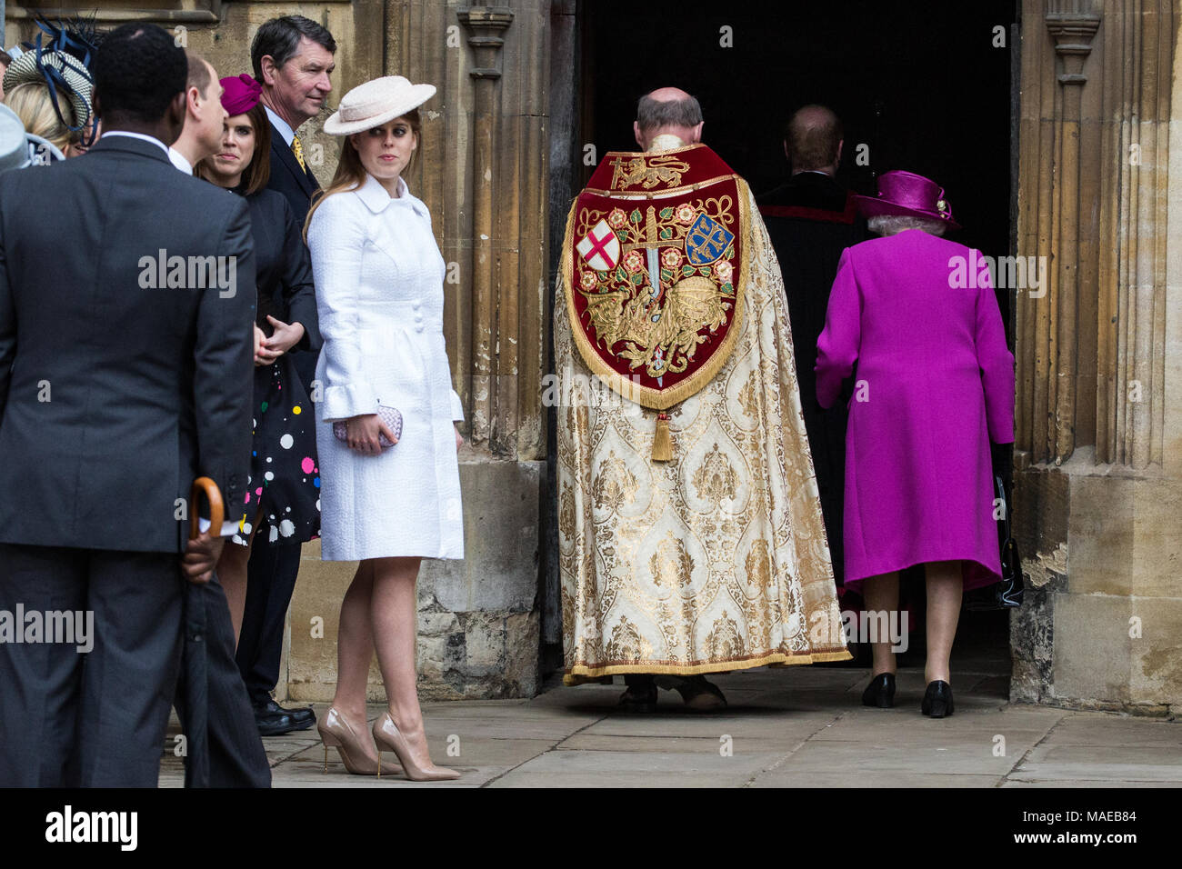 Windsor, UK. 1st April, 2018. The Queen arrives at St George's Chapel in Windsor Castle for the Easter Sunday service. Credit: Mark Kerrison/Alamy Live News Stock Photo
