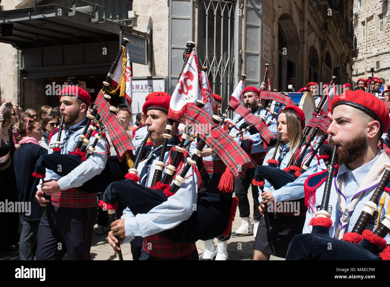 Jerusalem, Israel. 1st April, 2018. The bagpies band of the