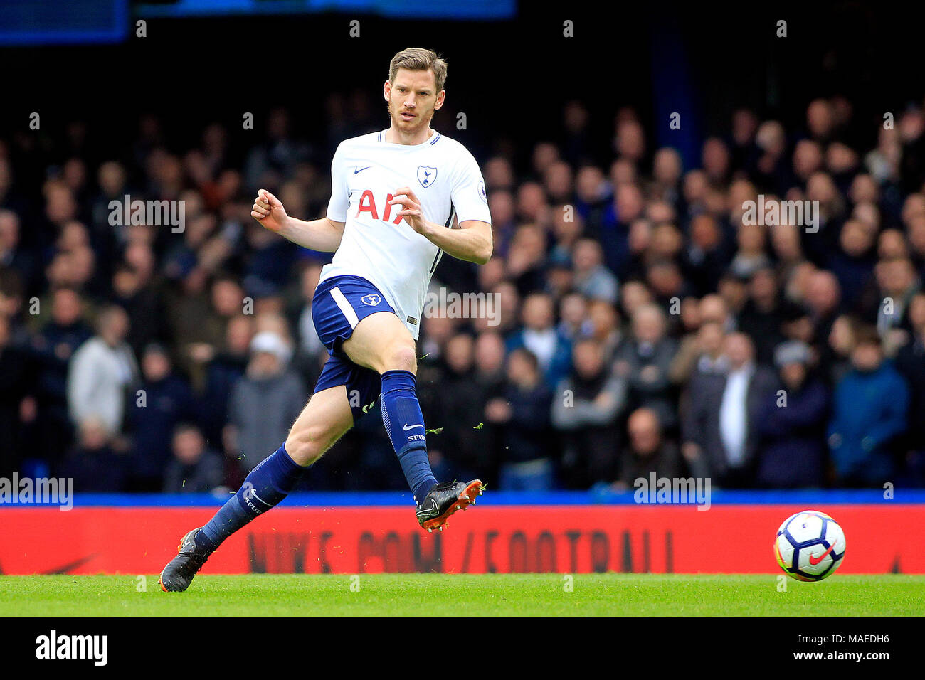 Jan Vertonghen of Tottenham Hotspur in action. Premier League match, Chelsea v Tottenham Hotspur at Stamford Bridge in London on Sunday 1st April 2018.  this image may only be used for Editorial purposes. Editorial use only, license required for commercial use. No use in betting, games or a single club/league/player publications. pic by Steffan Bowen/ Andrew Orchard sports photography/Alamy Live news Stock Photo